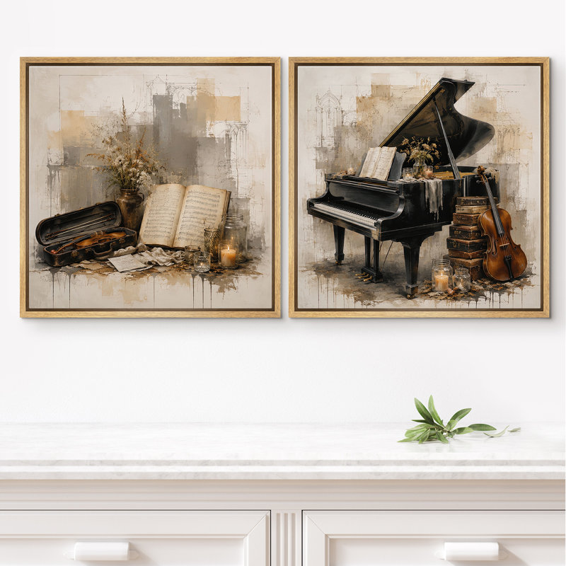 «Vintage Book Grand Piano and Violin With Artistic Musical Elegance», ensemble de 2 reproductions d'art sur toile encadrées