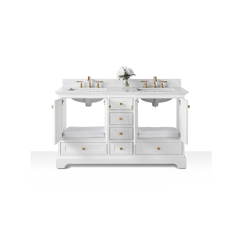 Audrey 60'' W Double Vanity, White, Carrara White, Gold