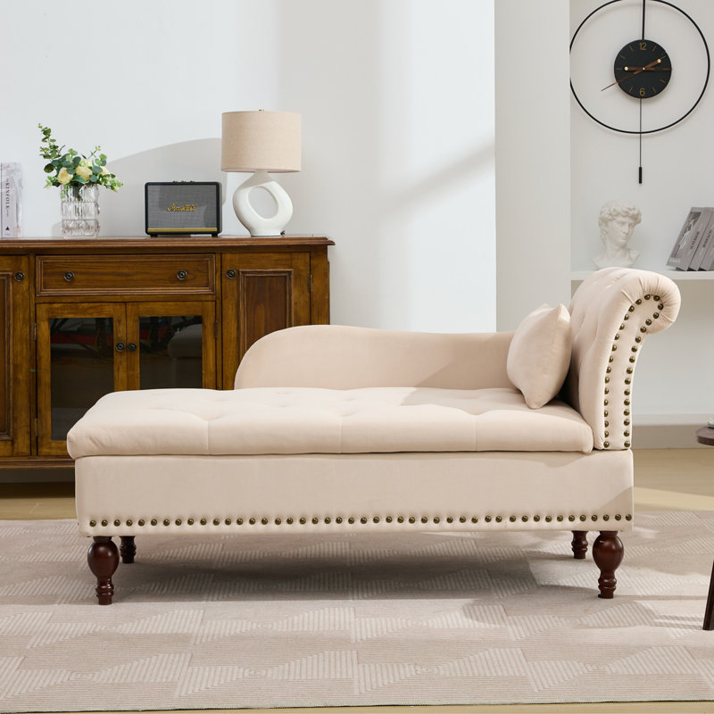 Chaise longue de rangement rembourrée avec coussin de rangement, Beige