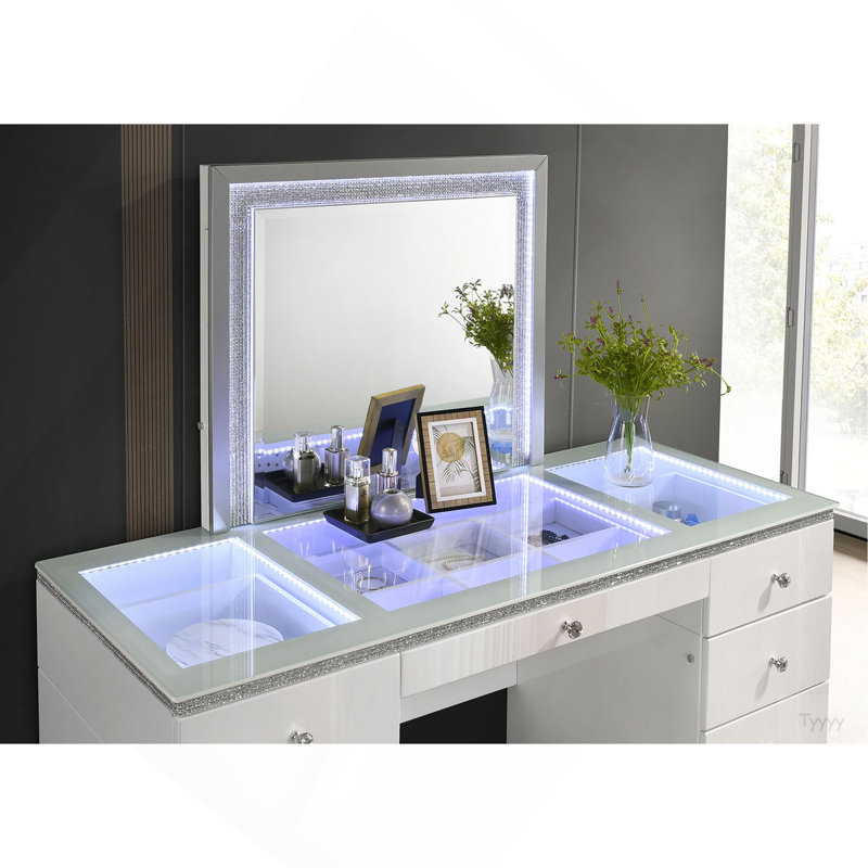 Contemporary Style 1Pc Vanity Tempered Glass Top Ball Bearing Glides High Gloss Finish Stainless Steel Beveled Mirror White Finish Bedroom Furniture