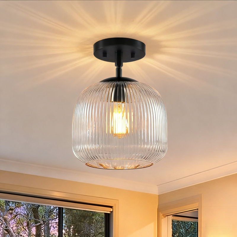 10" W Modern Ribbed Glass Semi-Flush Mount Ceiling Light, Metal Fixture with Clear Textured Glass Shade for Bedroom, Hallway, Entryway