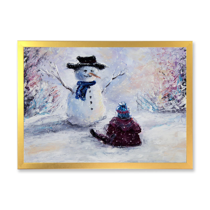 «Christmas Snowman and Child», reproduction sur toile, H 8 po x l 12 po x P 1 po, Cadre photo doré