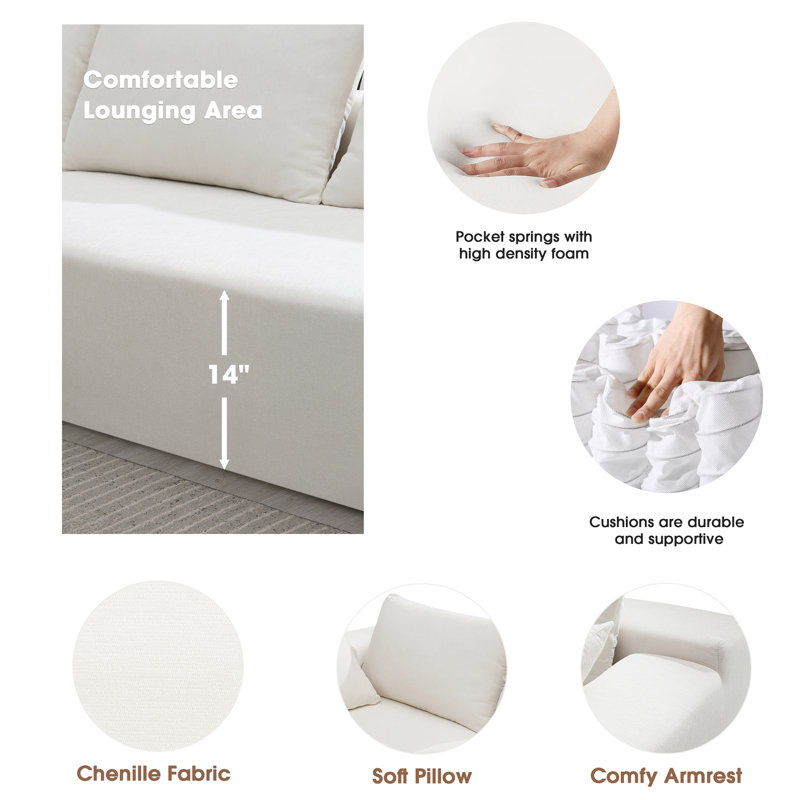 L-shaped Modular  Foam-filled with Spring Support Simple Living Room Sofa, White Chenille