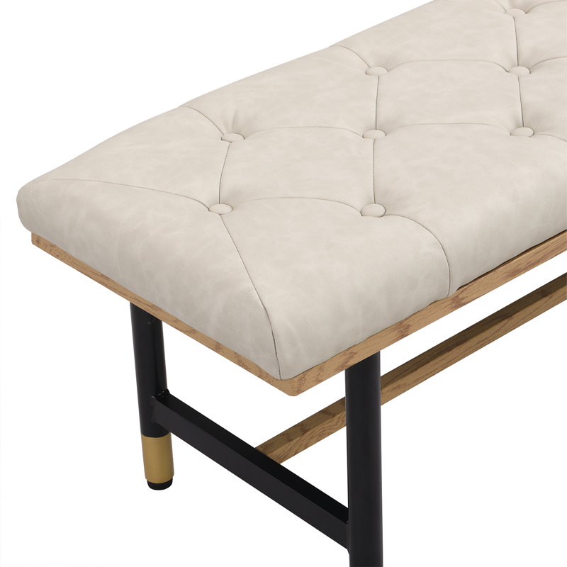 Beige Faux Leather Upholstered Bench with Gold Metal Shelf