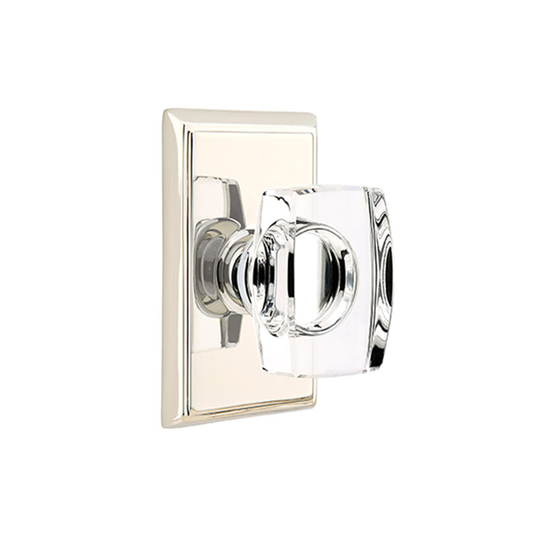 Ensemble de faux boutons Emtek avec rosette rectangulaire et bouton en verre Windsor, Nickel poli à vie