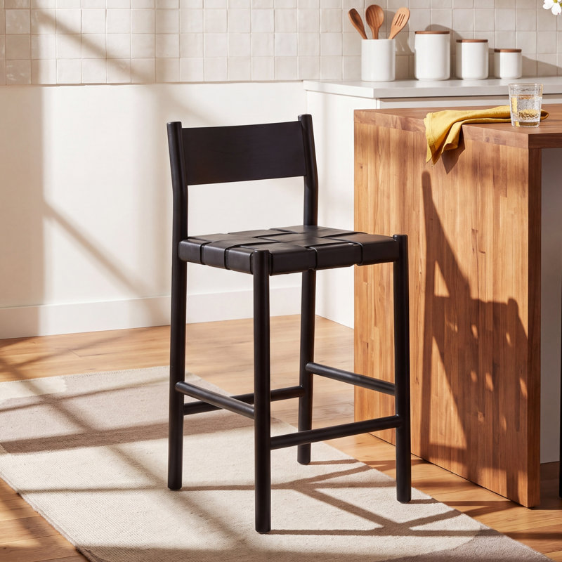 Hentges Woven Leather Counter Stool, Black