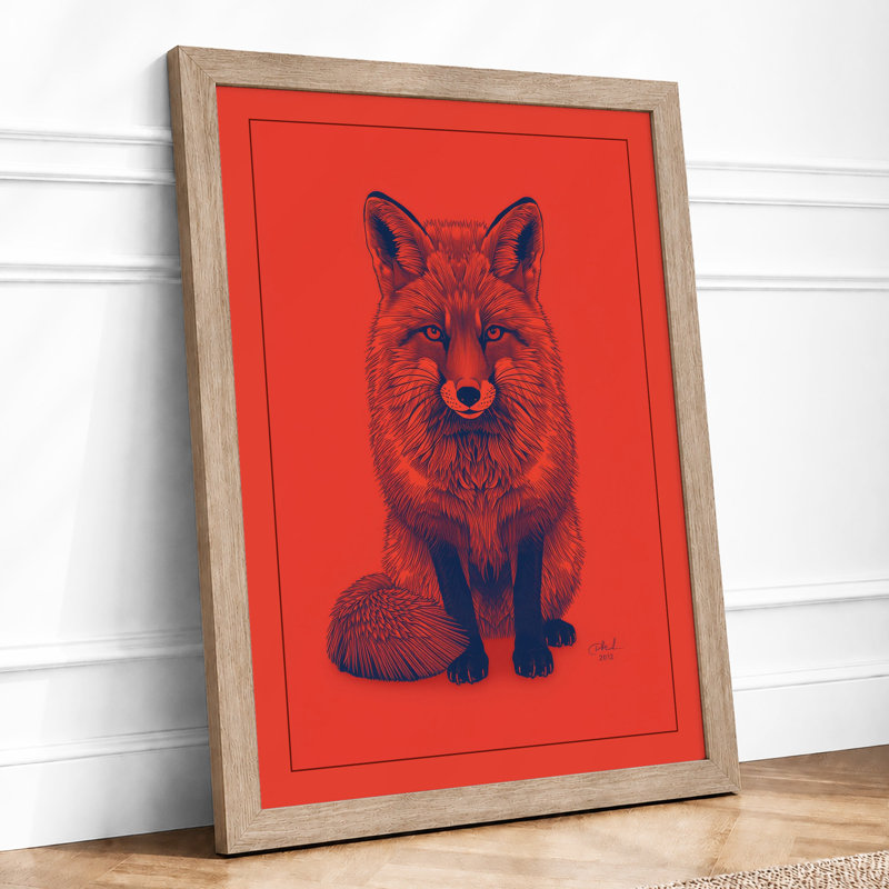 Confrontal Fox Modern - Framed Print, A2 - 59.4 x 42.0 cm, Oak