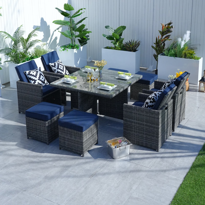 8 - Person Wicker Patio Dining Set with Square Table , Cushions Included, Gray, Navy
