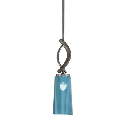 Suspension Monterey Stem Mini offerte en graphite et métal peint à l'aspect bois vieilli, avec verre dégradé bleu de 12,7 cm (L) x 24,8 cm (H).