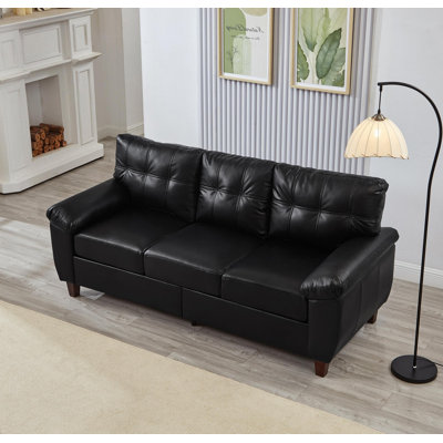 Canapé 79 po à trois places de style moderne en similicuir, canapé de salon avec rangement, grand canapé avec accoudoirs, canapé rembourré en similicuir respirant, noir