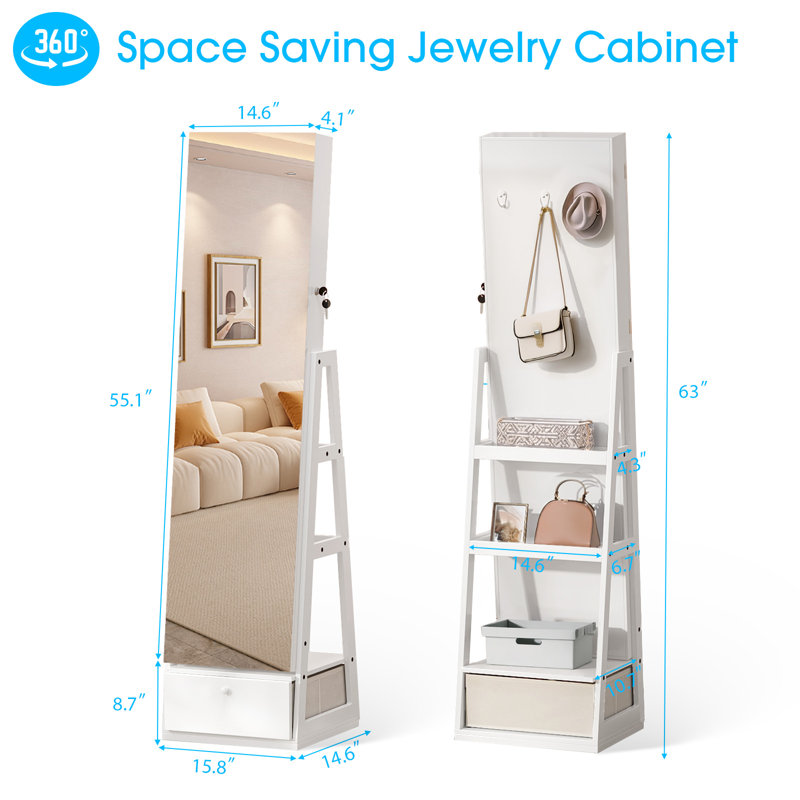 Armoire à miroir blanche avec 1 porte et 1 tiroir en tissu et 3 tablettes