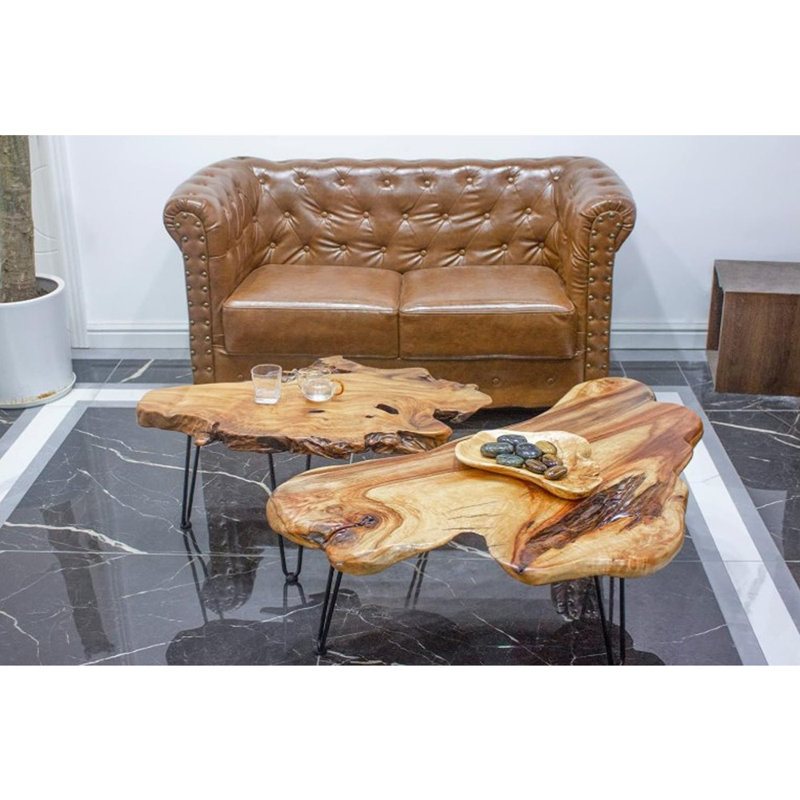 Natural Wood Coffee Table With Clear Lacquer Finish And Metal Hairpin Legs For Living Room - 16" Tall - Mesa De Centro Para Sala