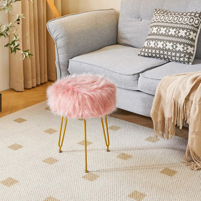 Faux Fur Vanity Stool Chair, Furry Makeup Stool Ottoman, Soft Padded Seat, Round Footrest Footstools With 4 Metal Legs, For Living Room Bedroom Entryw by Mercer41