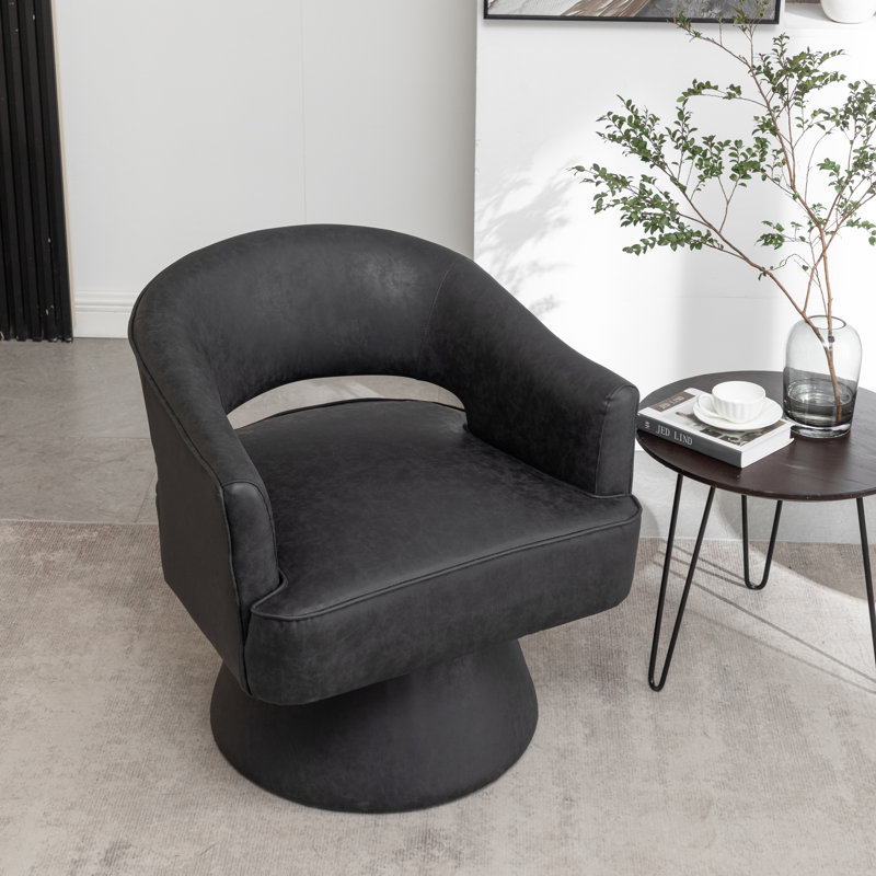 Kiersten Faux Leather Swivel Barrel Chair, Black Faux Leather, 1