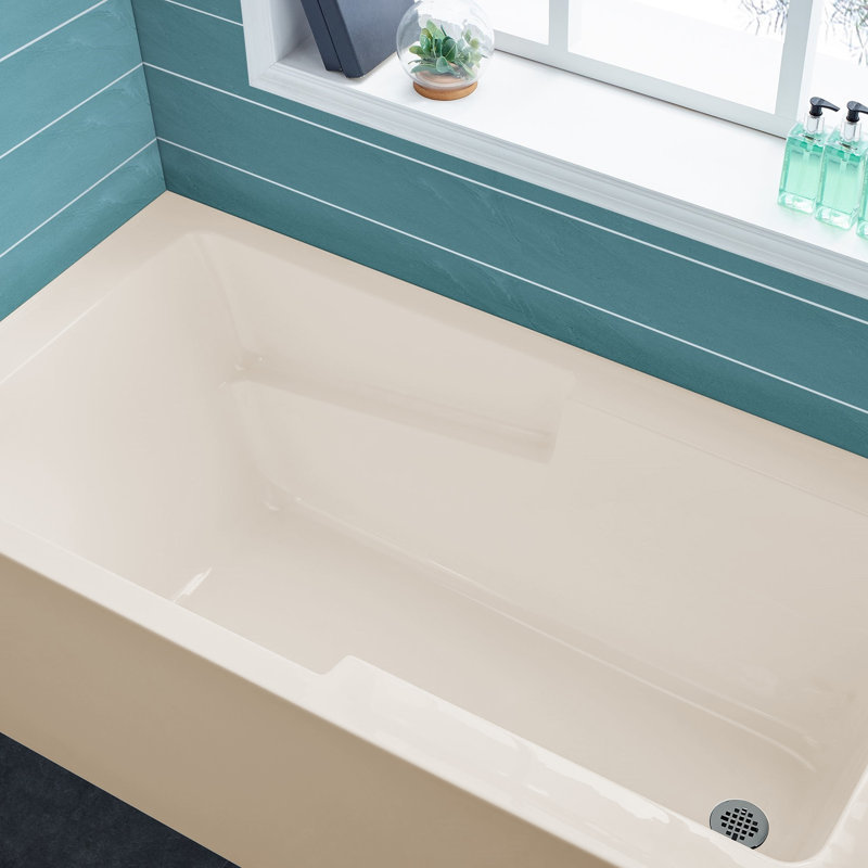 Baignoire d'angle Voltaire 60 po x 32 po avec bonde à droite et tablier, couleur biscuit, Bisque, Droite