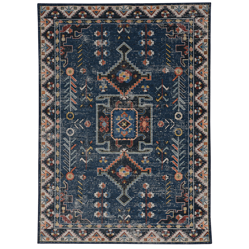 Tapis bleu sarcelle et ivoire lavable à la machine Alburnett, Rectangulaire 2 pi x 3 pi