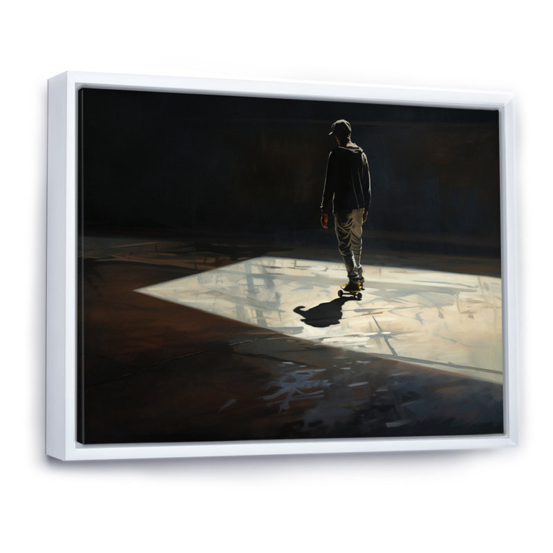 Skateboard Street Shadows - Art mural encadré de planche à roulettes, H 34 po x l 44 po x P 1,5 po, Cadre flottant blanc