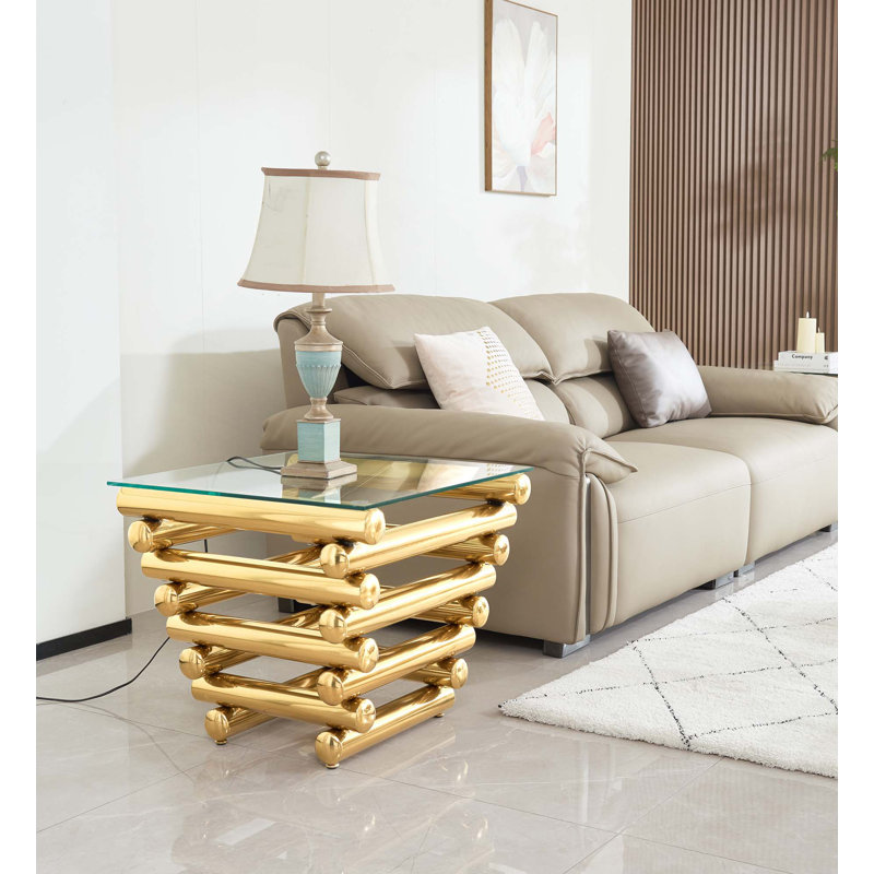 24 po, table de bout carrée moderne en acier inoxydable, table d'appoint en verre trempé transparent, table basse de salon, style moderne