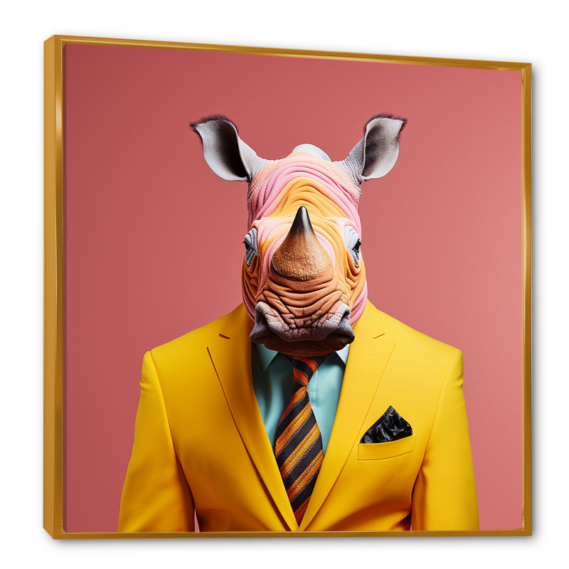 Art mural en forme de rhinocéros, Cadre flottant doré, H 30 po x l 30 po x P 1,5 po
