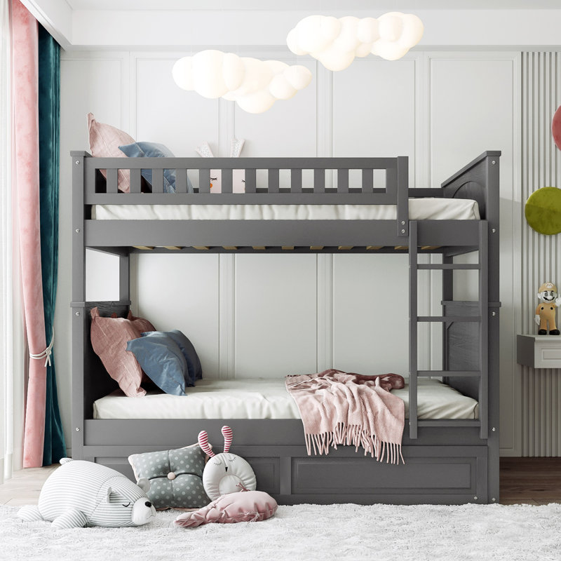 Lit superposé au dessus d'un lit superposé en bois avec garde-corps brossé, Gris
