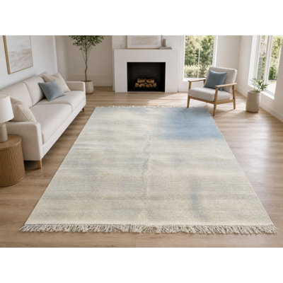 Tapis ivoire minimaliste fait à la main 8 x 10 pi. Tapis en laine et bambou noué à la main
