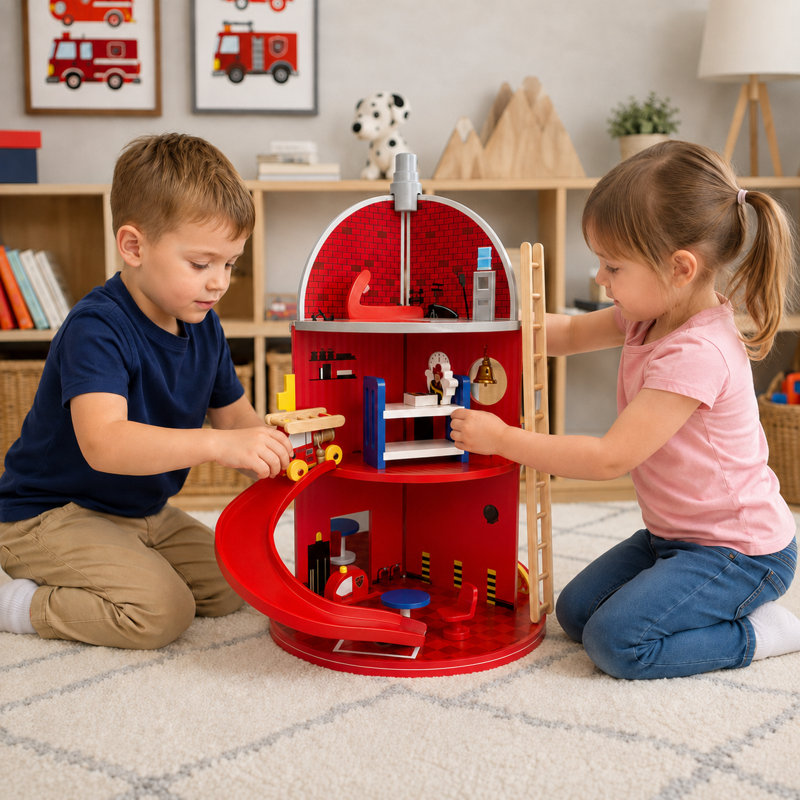 Ensemble de jeu de caserne de pompiers en bois à 3 étages Teamson Kids, caserne de pompiers rouge en forme de borne d'incendie rotative avec 24 figurines pour jeu d'imitation