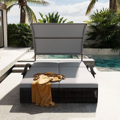 Outdoor Double Lounger Chairs With Adjustable Backrest And Hidden Side Table And Curved Sunshade Canopy