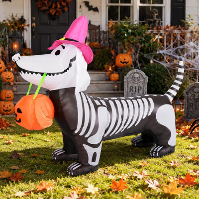 Chiot squelette gonflable de 1,7 m avec lumières DEL intégrées, décoration citrouille gonflable pour l'Halloween, intérieur et extérieur, pelouse, jardin et fête