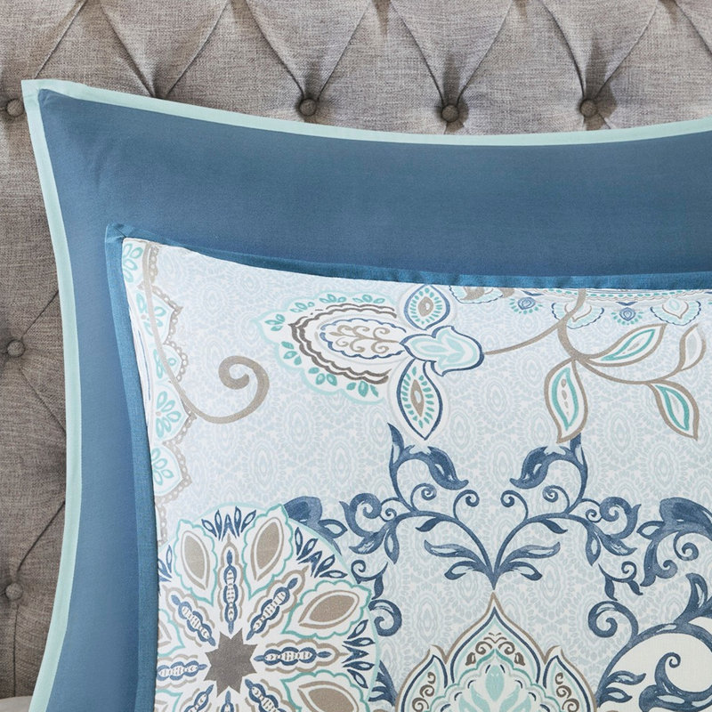 Édredon réversible en coton 8 pièces - bleu roi, imprimé botanique, broderie et passepoil, bleu roi facile à nettoyer, motifs géométriques floraux imprimés, rembourrage, entretien