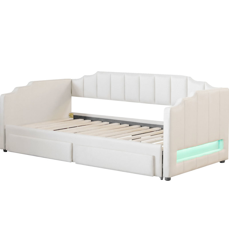 Twin Xl Extendable Upholstered Daybed, Beige, Led , Two Storage Drawers, And Pine Beige Convertible Daybed From To King, Upholstered, Stable Frame
