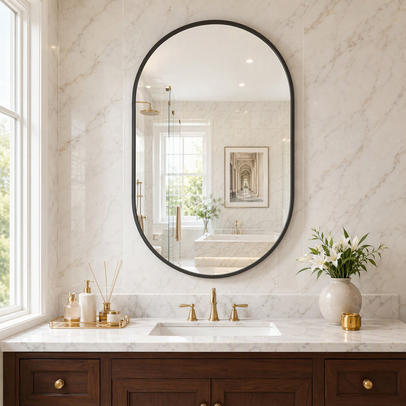 Miroir mural ovale pour salle de bain, en verre trempé avec cadre en aluminium, fixation verticale ou horizontale., 20*30