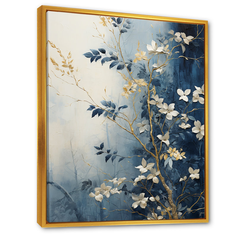 " Abstract Gold And Blue Botanical ", 32" H x 24" W x 1" D, Gold Floater Framed