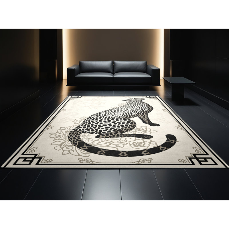 Tapis oriental beige lavable à la machine à motif guépard Ozain, 3 x 5