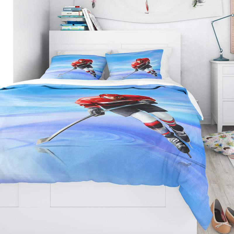 Twin Blue and Red Hockey Player Microfiber Duvet Cover Set
