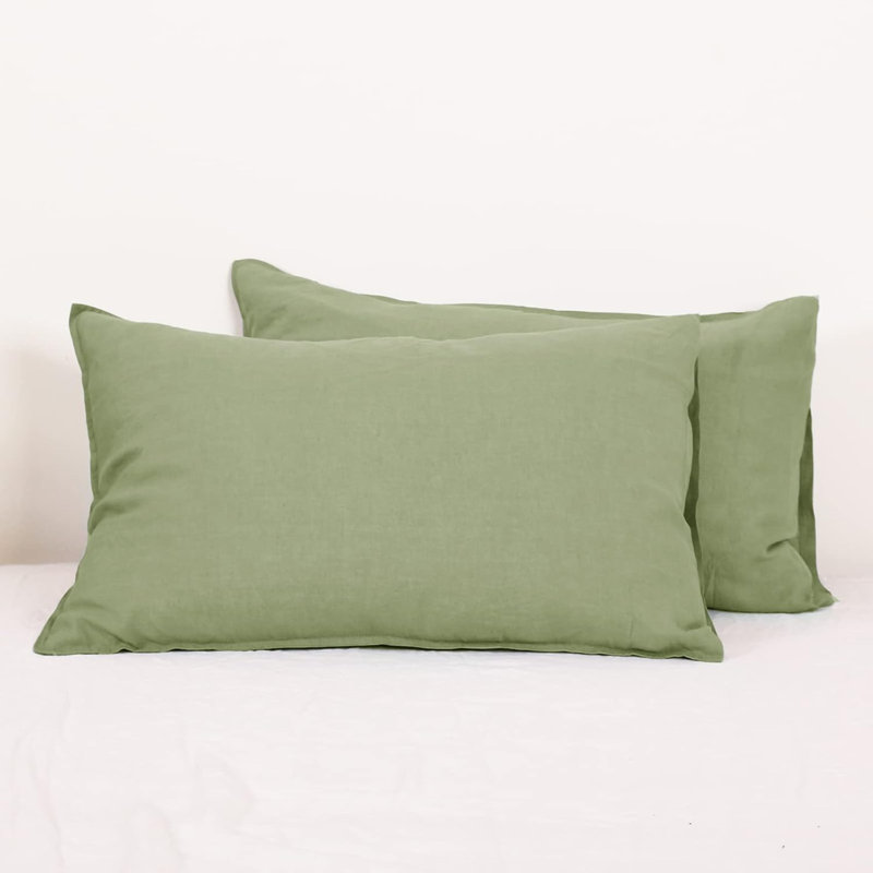 Ensemble de 2 taies d'oreiller 100% lin, couleur unie, avec housse en lin délavé à la pierre, Vert sauge, Très grand lit