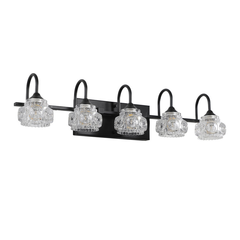 Luminaire de meuble-lavabo rétro en cristal rétro avec abat-jour en verre transparent, 5 lumières, Noir