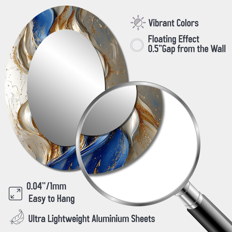 Rhythmic Golden Ink Waves Fusion II - Abstract Oval Decorative Mirror On Metal, 40" x 30"