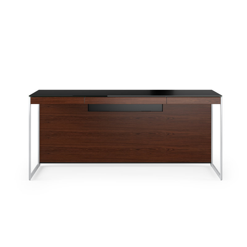 Bureau avec retour Sequel, Noyer teint de couleur chocolat / nickel satiné