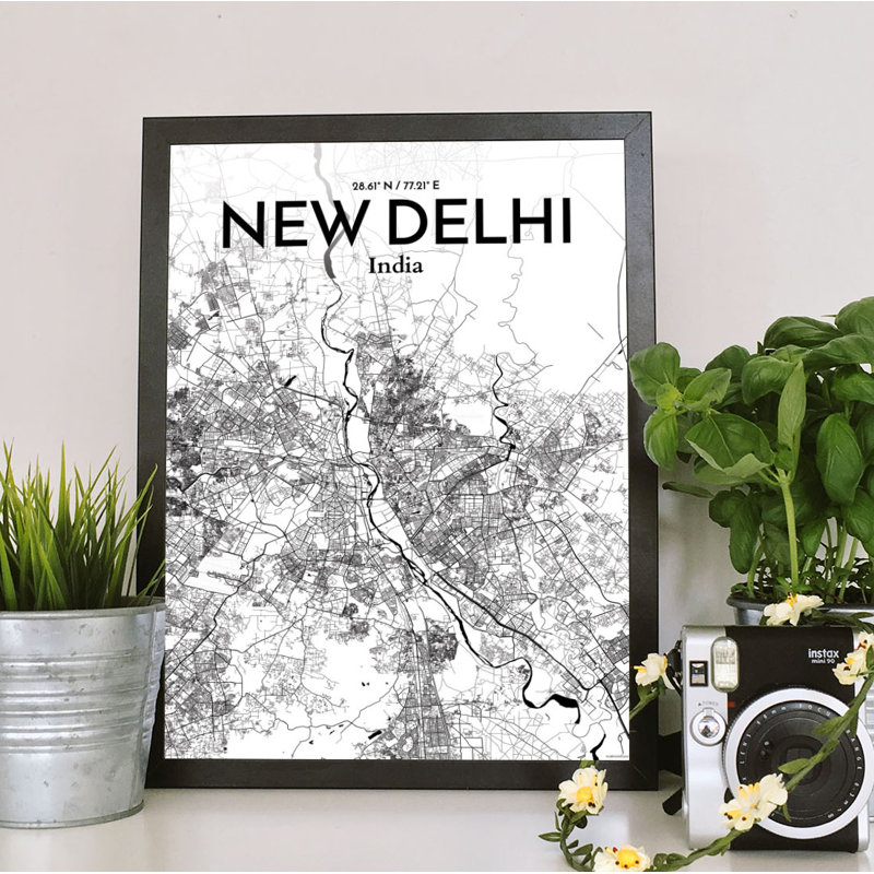 New Delhi City Map - Unframed Graphic Art Print on Paper, 50.8cm H x 40.6cm W x 0.13cm D, Black/White