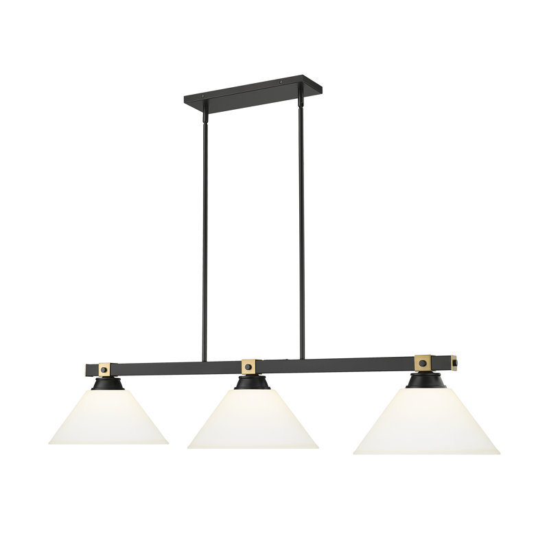 Billard 3 lumières Arles en noir mat + laiton frotté, Opale mat, H 9,75 po x l 14 po x P 52,75 po