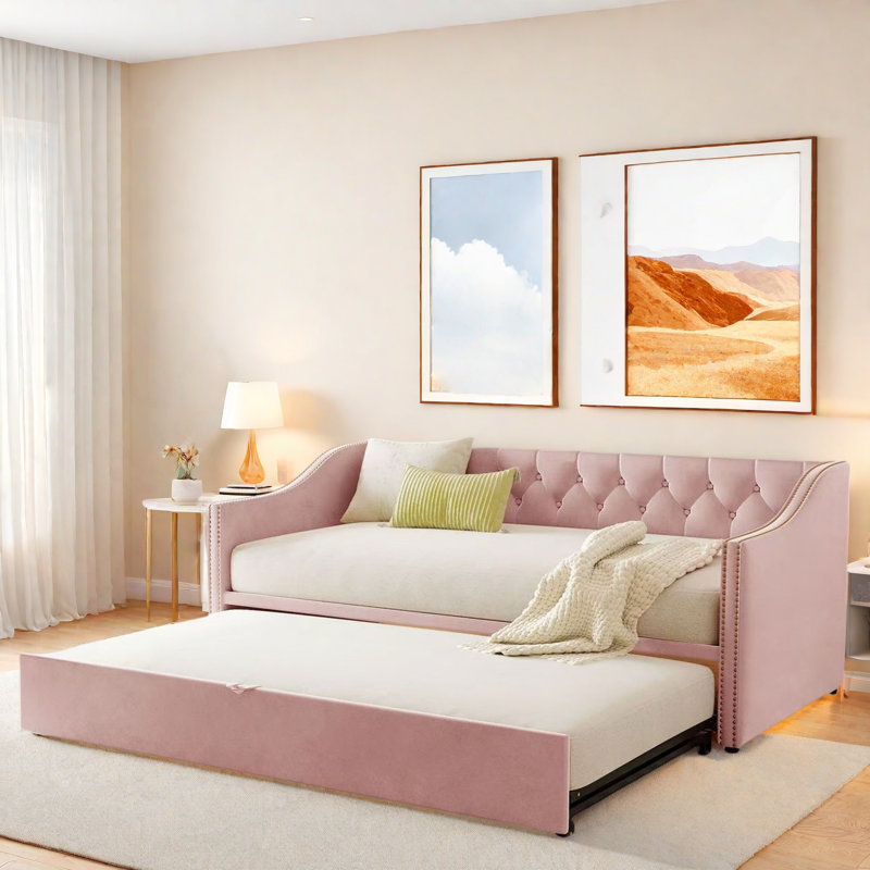 Upholstered Daybed With Pop Up Trundle, Pink