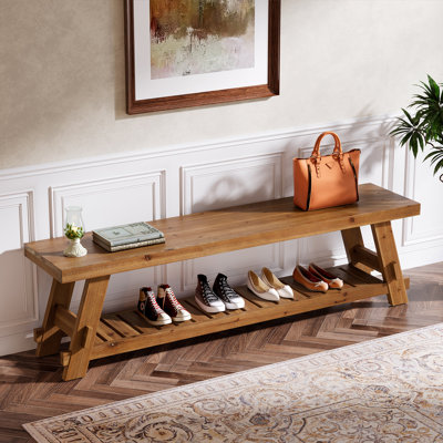 2-tier Solid Wood Entryway Bench, 63'' Real Wood Hallway Storage Bench