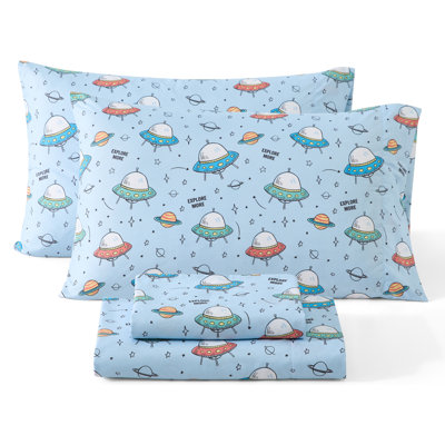 HLC.ME UFO Space Printed Kids Bed Sheets - 4 Piece Patterned Bed Sheet Set - Wrinkle Resistant & Ultra Soft - Fits Mattresses up to 15 Inches Deep - Full