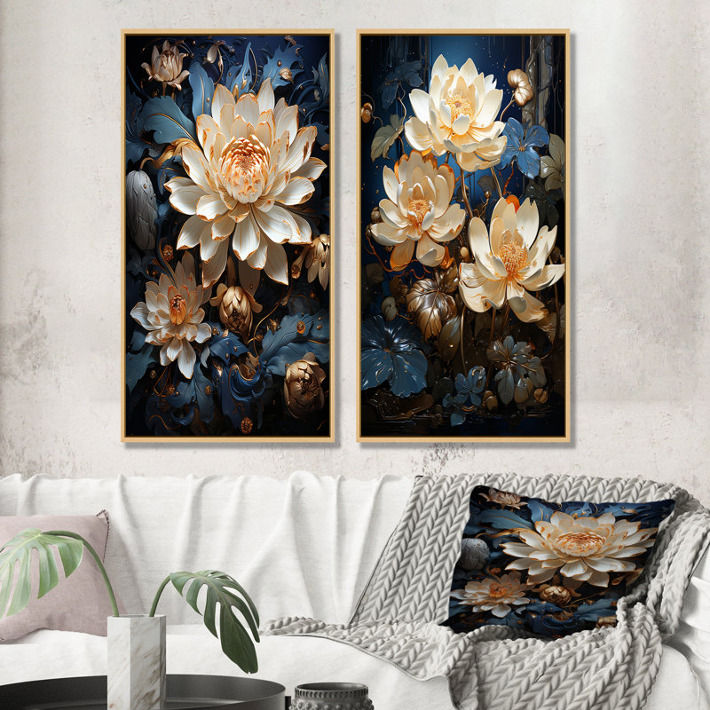 Opulent Reflections Lotus - lot de 2 impressions sur toile de lotus, Encadrement brun, H 32 po x l 33 po