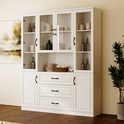 63" Wide White Glass Door Dining Hutch With 3 Drawers