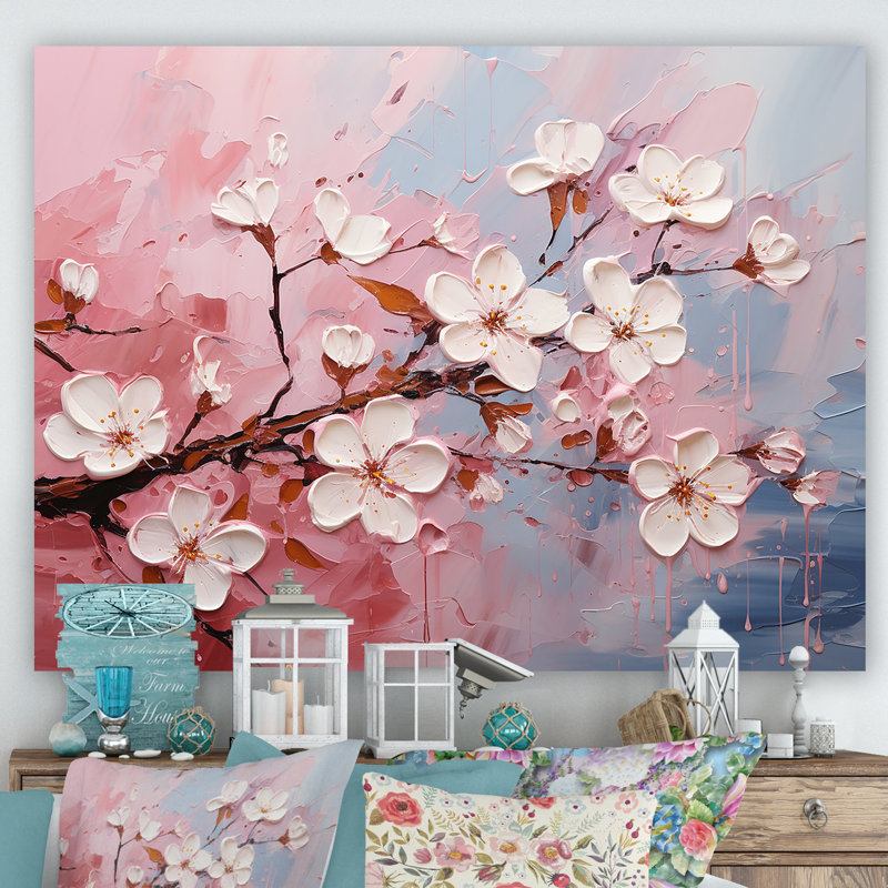 Cerisier blanc et rose Bloom III - art mural cerise, Toile tendue, H 34 po x l 44 po x P 1,5 po