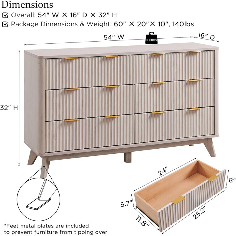 Commode 6 tiroirs Sladen, Aulne blanc