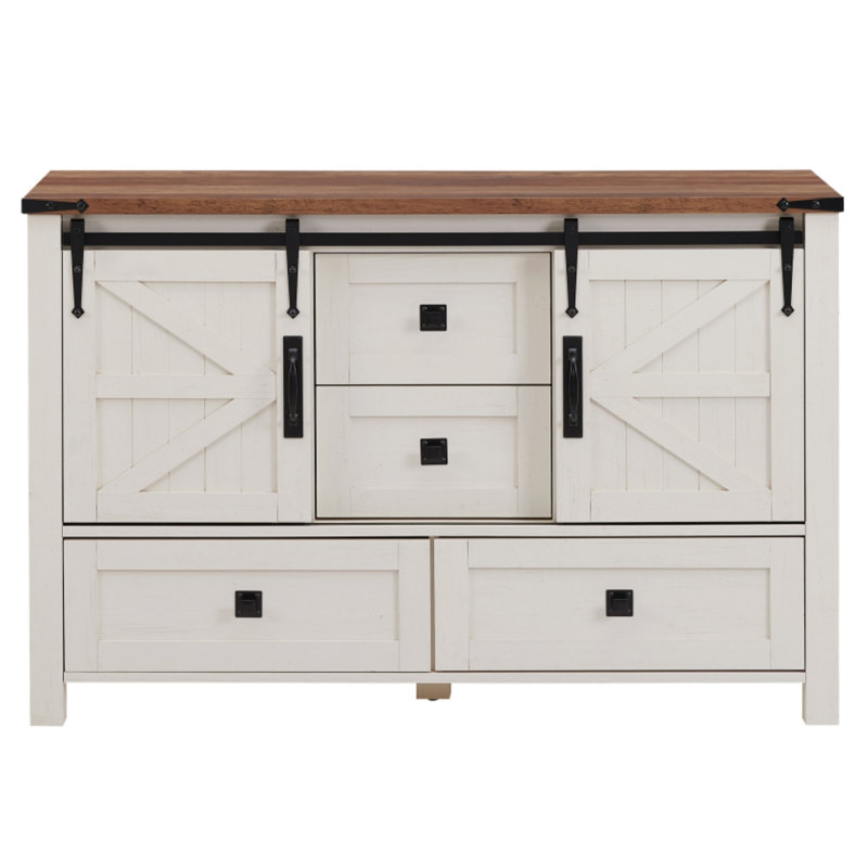 Commode de chambre à coucher avec 4 tiroirs et portes de grange coulissantes Terramuggus, Blanc antique / chêne
