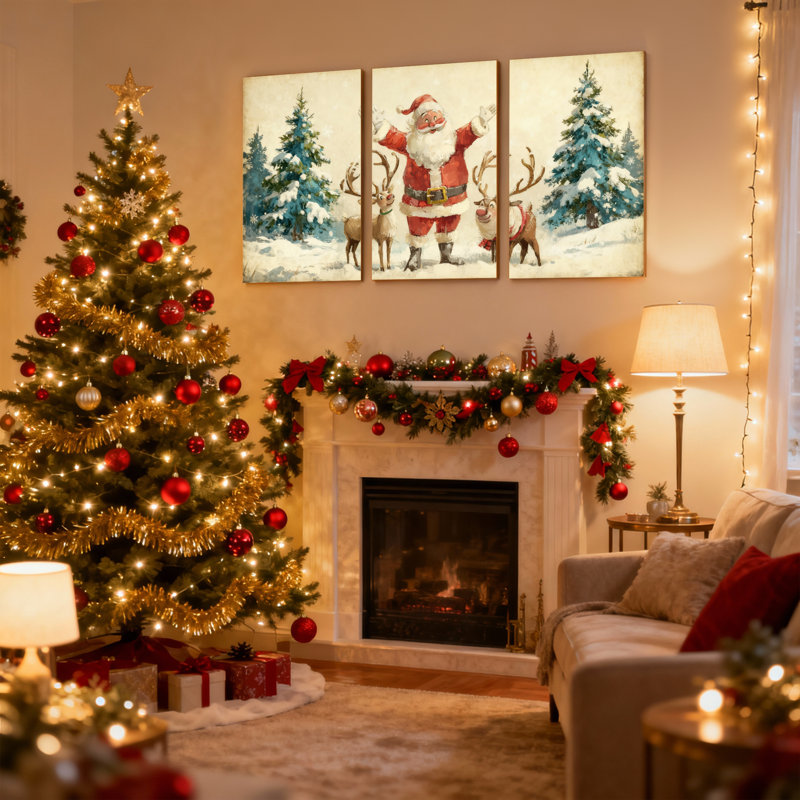 Père Noël de Noël avec renne dans la forêt enneigée, ensemble de 3 impressions sur toile, H 30 po x l 60 po