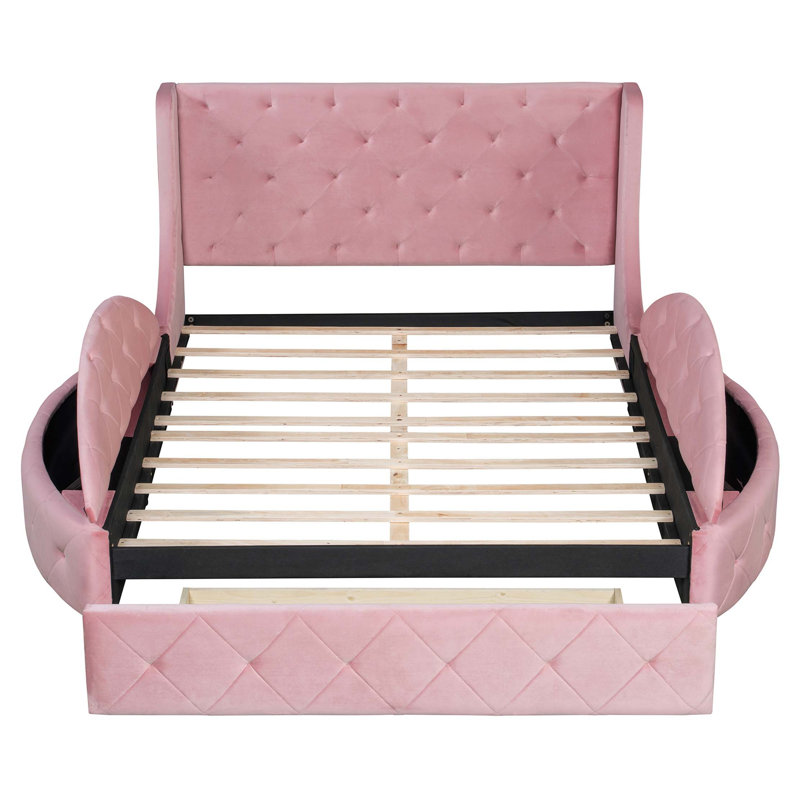 Lit plateforme tapissier en velours avec tête de lit à oreilles, grand tiroir et tabourets de rangement latéraux, Rose